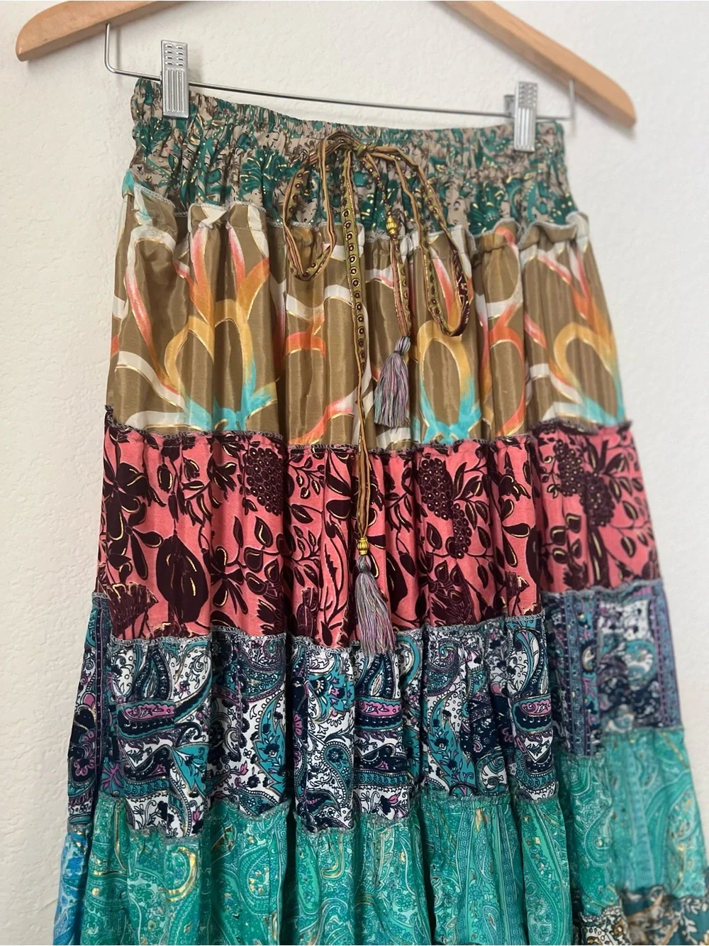Multi-Color Silk Blend Floral Patchwork Tiered Ruffle Skirt Free Size Gypsy Boho